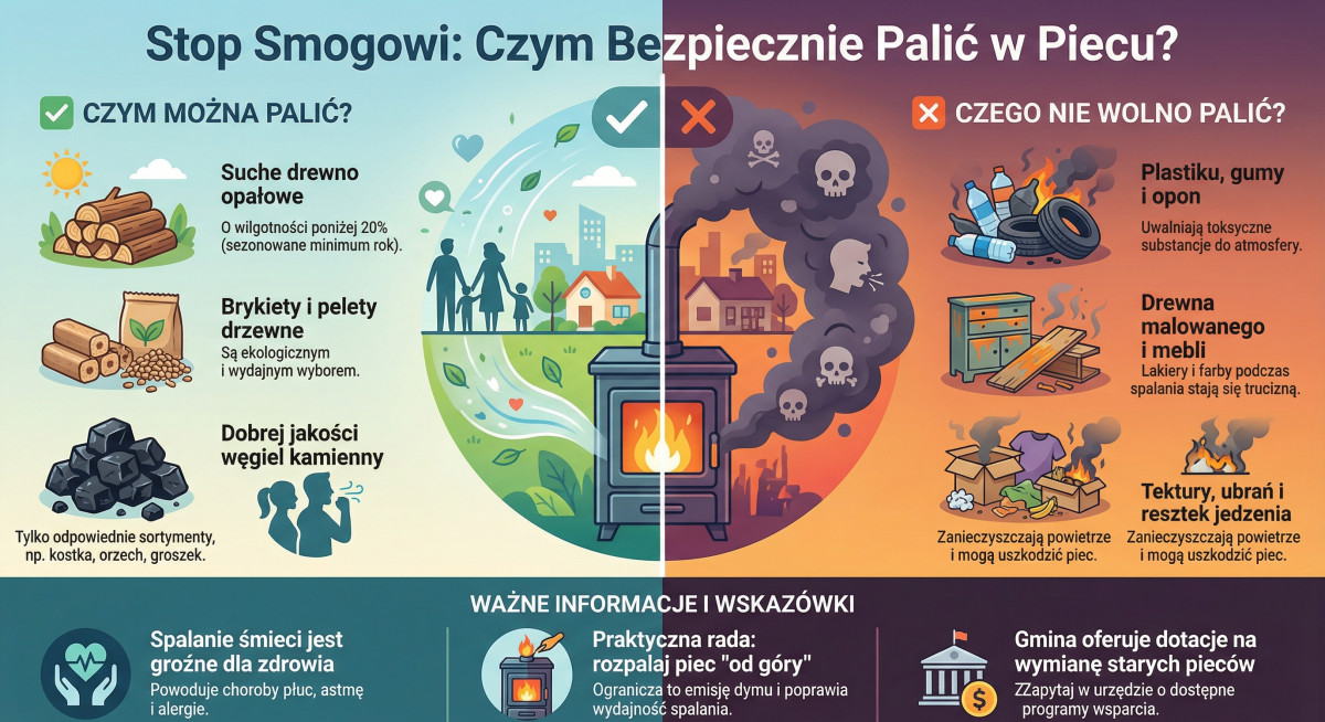 Grafika przedstawia informacje czym można bezpiecznie palić w piecu, a czym nie