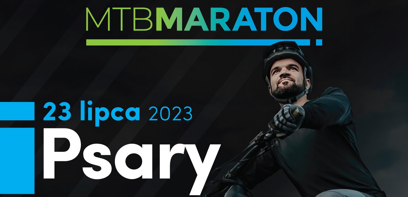 Na samej górze zdjęcia widać napis MTB Maraton. Poniżej napis: 23 lipca 2023 Psary. Po prawej stronie zdjęcia znajduje się rowerzysta w kasku.
