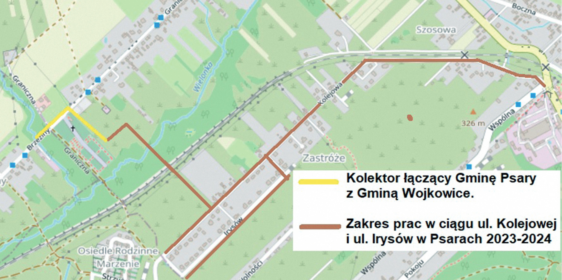 Zdjęcie przedstawia mapę, gdzie będie budowana kanalizacja sanitarna na terenie gminy Psary. kolorem żółtym zaznaczony jest kolektor łączący Gminę Psary z Gminą Wojkowice wykonany w 2022 roku. Kolorem pomarańczowym zaznaczony jest zakres prac w ciągu ulicy Kolejowej i ulicy Irysów w Psarach 