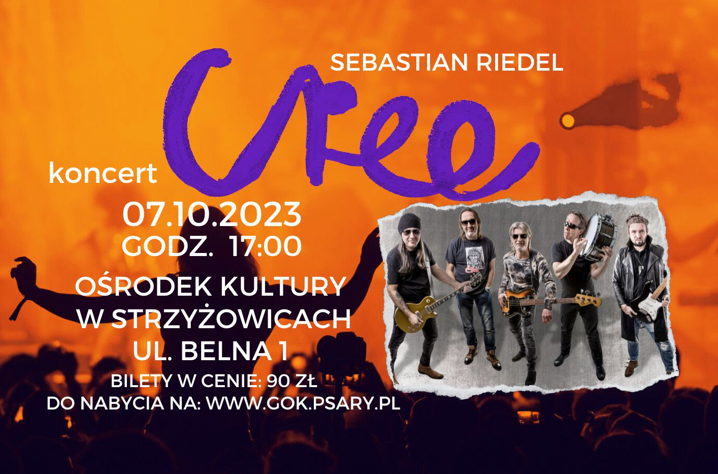 Na plakacie  widać zdjęcie zespołu Cree oraz zaproszenie na koncert, które odbędzie się 7 października o godzinie 17:00 w Ośrodku Kultury w Strzyżowicach.